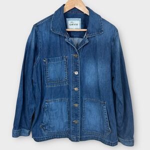ORVIS Women's Denim Barn Chore Jacket Blue Style Utility Pockets Dark Wash XL